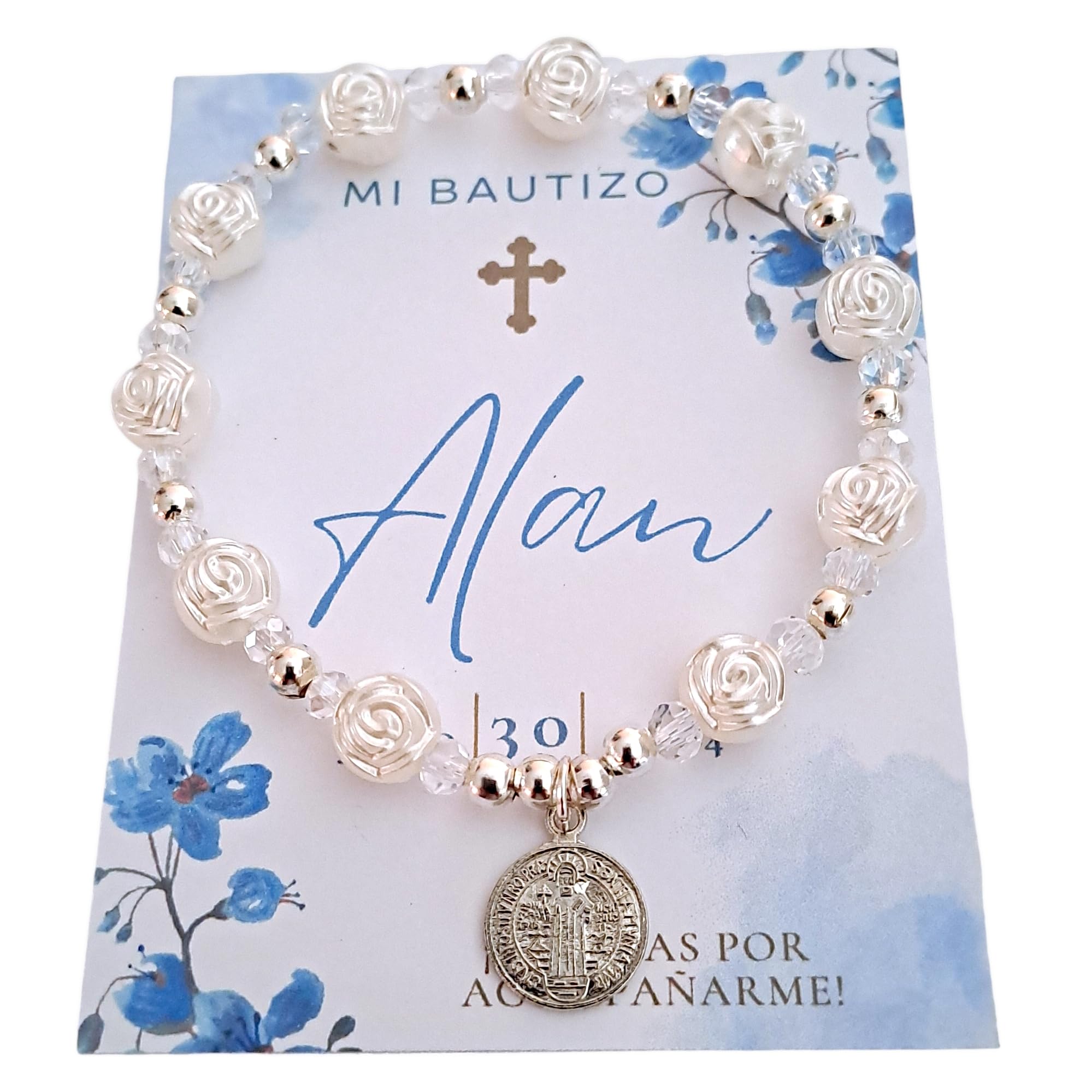 Pulserita cristal y rosa blanca con San Benito