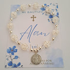Pulserita cristal y rosa blanca con San Benito